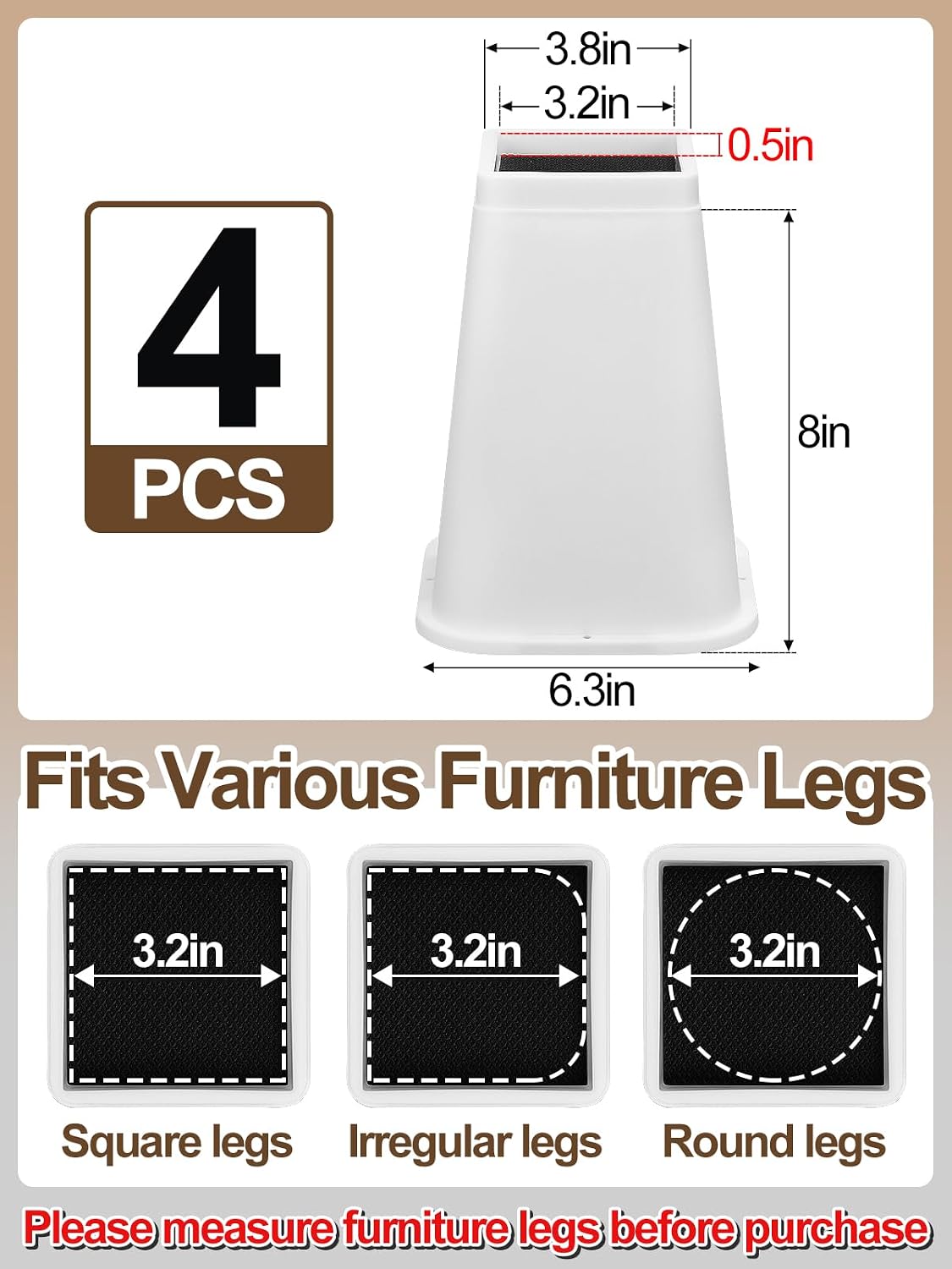 Bigmeta 8" Stable Bed Risers for Dorm Twin XL - White, 4 Pcs