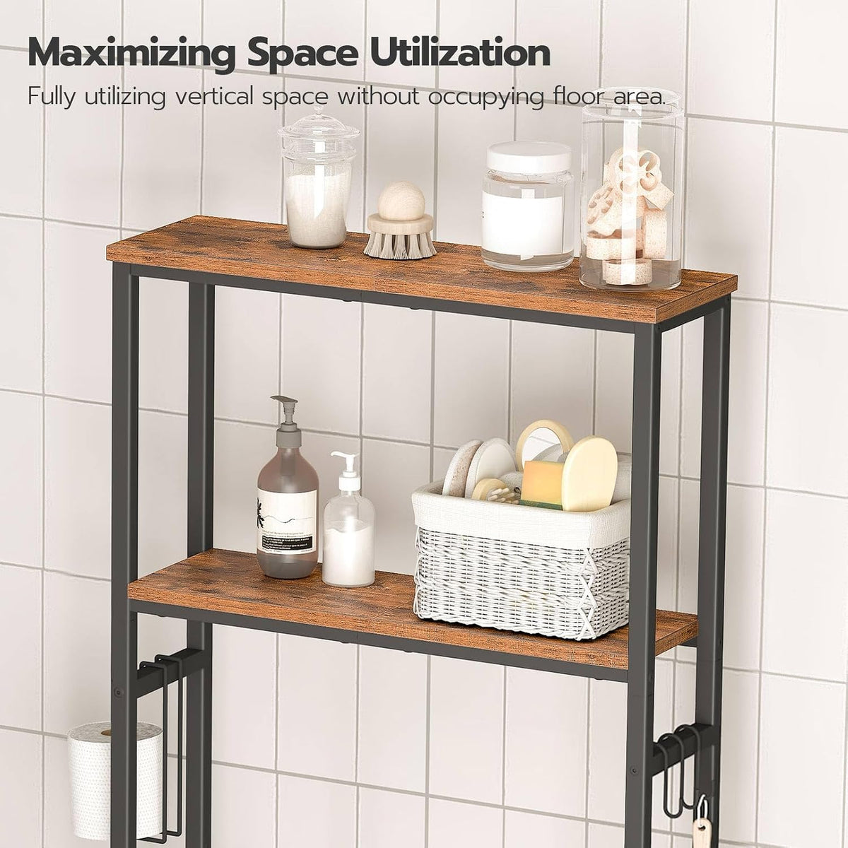 HOOBRO Over The Toilet Storage, 2-Tier freestanding Over the Toilet Storage, Bathroom Organizer Over Toilet with Toilet Paper Holder and Hooks, Space Saver for Room, Rustic Brown and Black BF49TS01