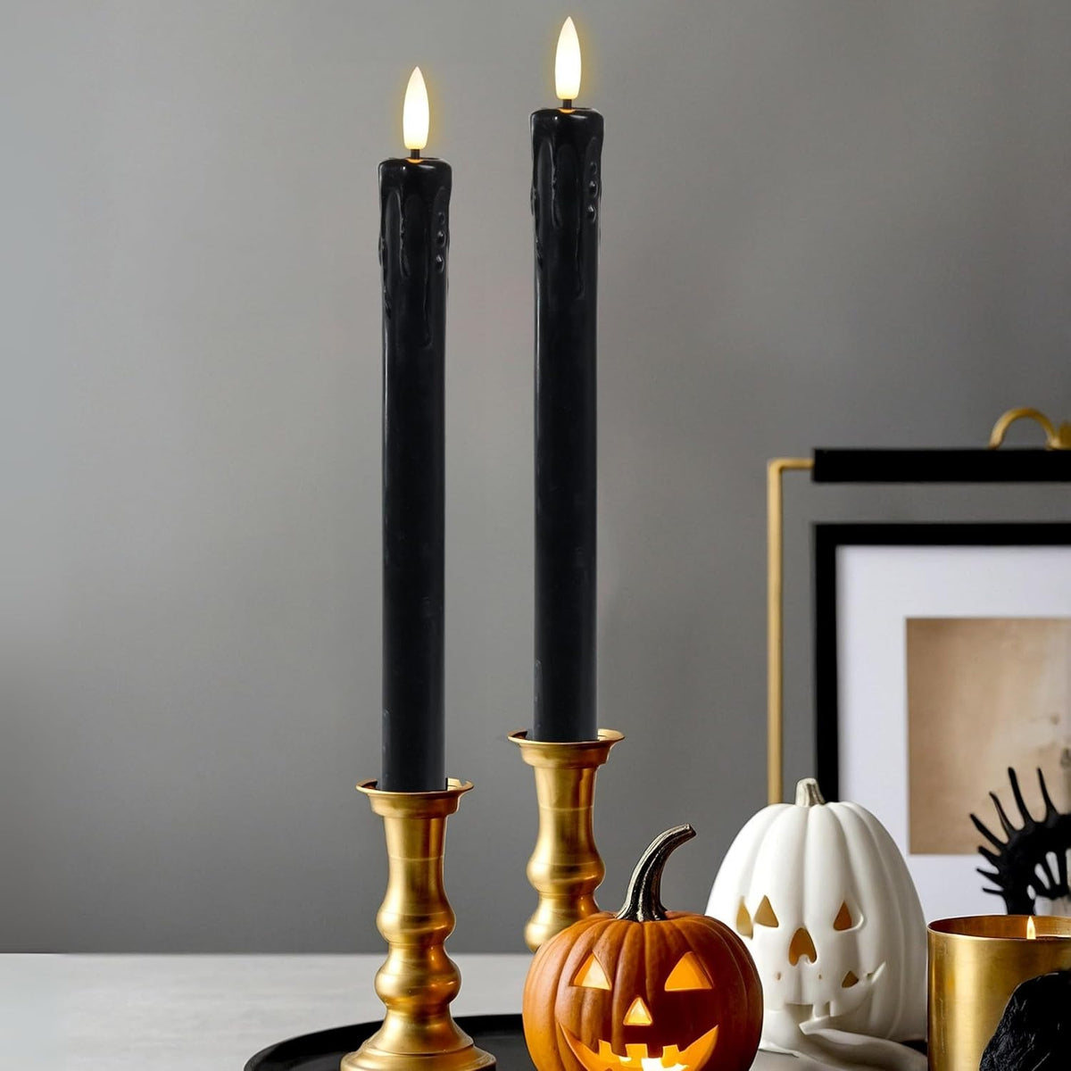 LumiPur Signature Collection Natural Glow Flickering Flameless LED Wax Taper Candle 1" x 9" (Drip - Black, 2-Pack)