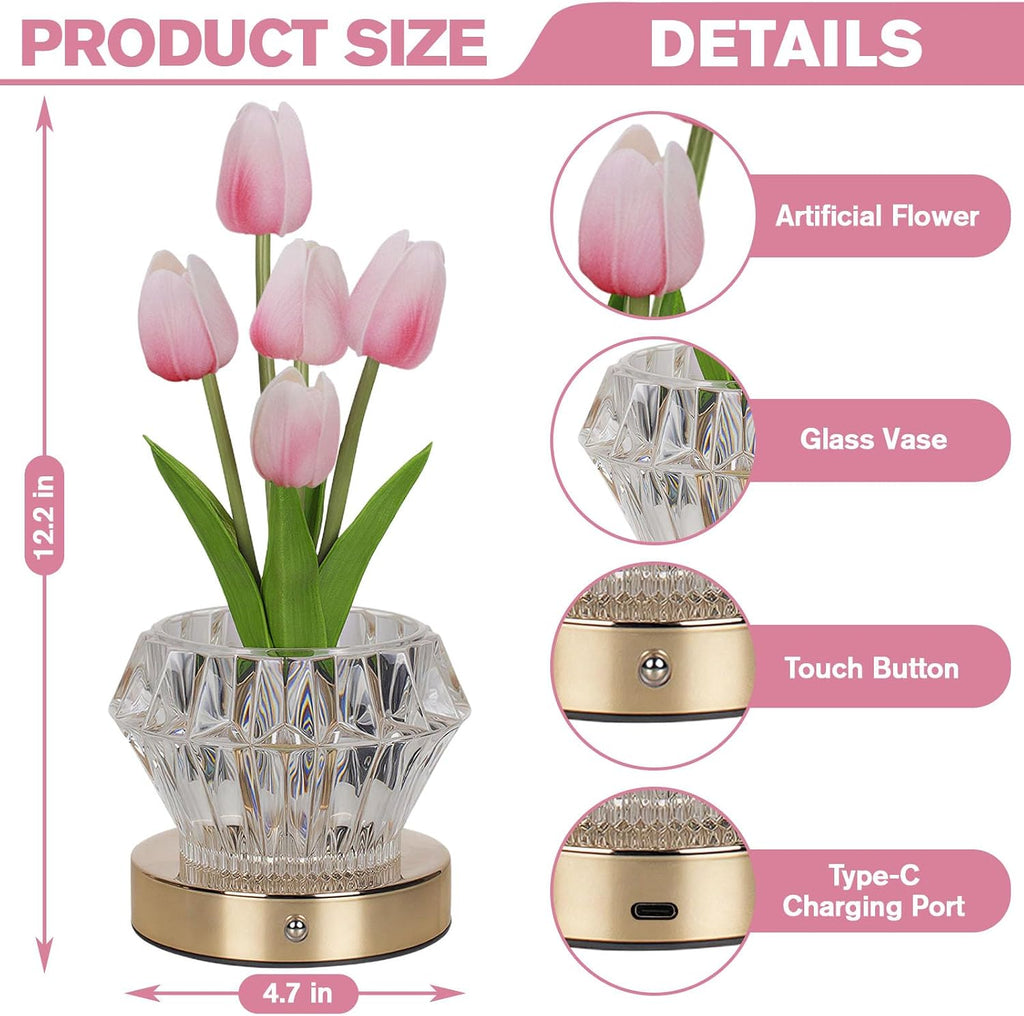 Tulip Table Lamp, 4 Modes 16 Color Changing Acrylic Crystal Night Light with Remote, Rechargeable Touch Artificial Flower Light, Protable Cordless Desk Lamp for Home Decor