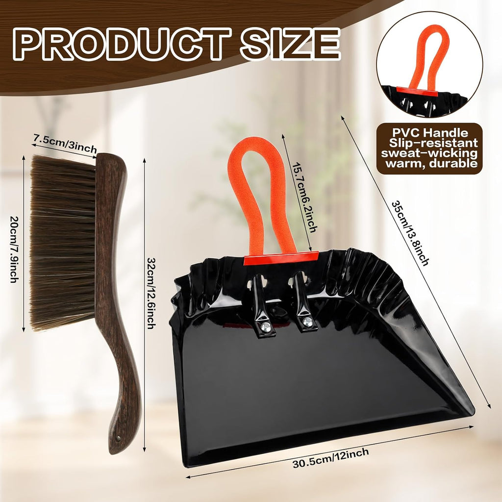 12 Inch Metal Dustpan with Wood Brush, Steel Dust Pan Brush Set