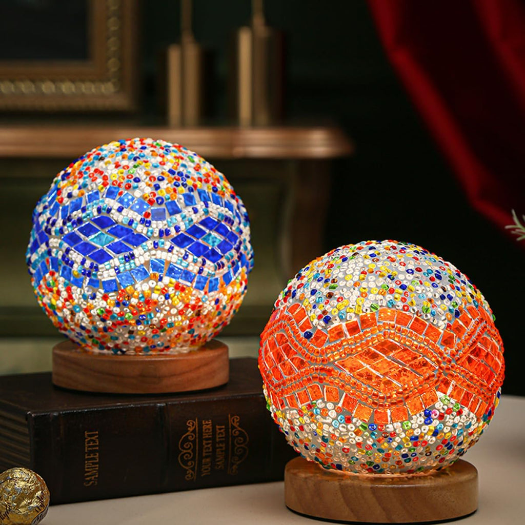 Turkish Table lamp (D:4.7" x H:5.2"),Mosaic Glass Lamps with Wooden Base, Bohemian Tiffany Bedside Lamps, USB power Moroccan Lantern for Living Room Halloween Decorations (Baroque - Blue, Baroque)