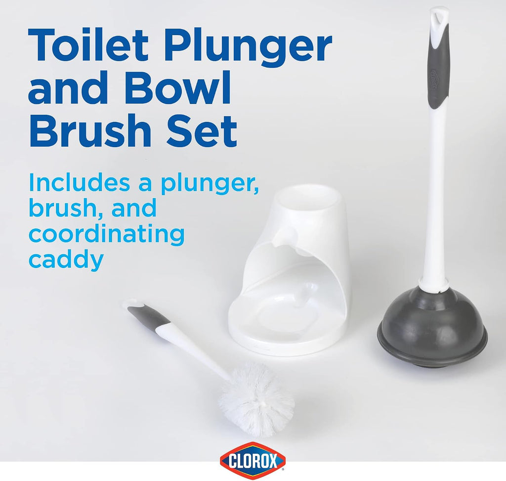 Clorox Toilet Plunger and Bowl Brush Combo Set with Caddy, 6.75" x 7" x 19.5", White/Gray, Pack of 2 - Plunger and Toilet Bowl Brush, Heavy Duty Plunger, Toilet Cleaning Brush, Freestanding Caddy