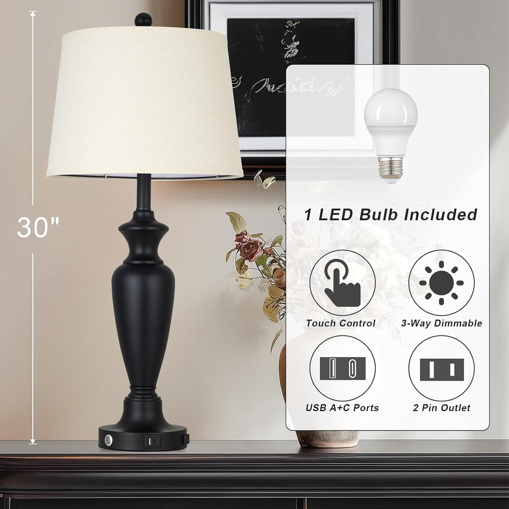 Cinyirong 30" Tall Black Table Lamp, 3-Way Dimmable Touch Control Bedside Lamp with USB A+C & AC Outlet for Bedroom, Living Room (1 Pack)