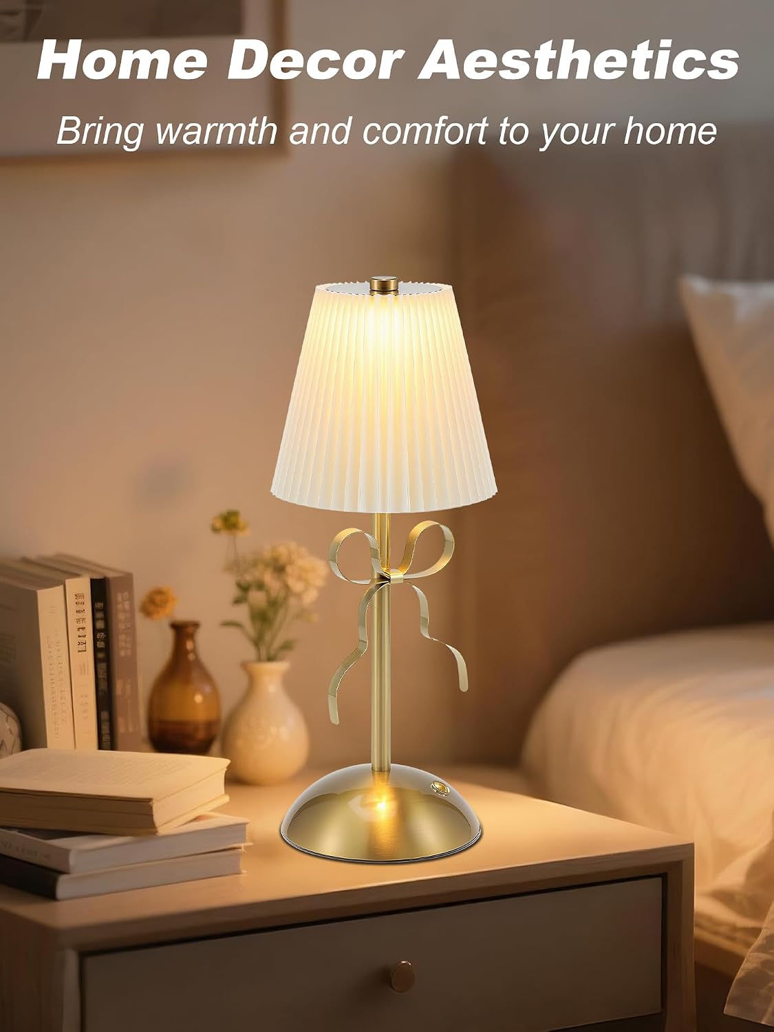 Rechargeable Small Table Lamp,Cute Desk Lamp,Gold Bow Lamp
