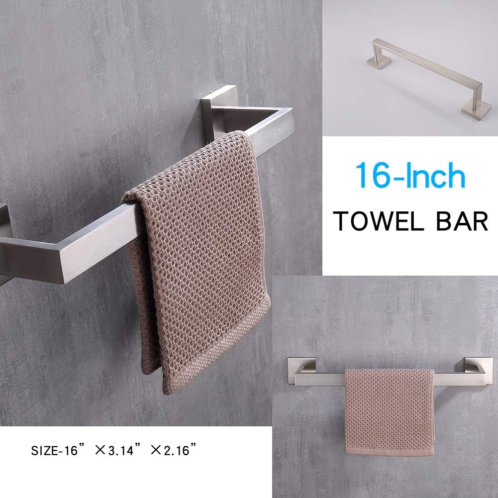 TASTOS 3-Piece Bathroom Hardware Set Brushed Nickel Wall Mounted Bathroom Accessory Set, Premium Stainless Steel Robe Hook Toilet Paper Holder 16-Inch Towel Bar (Silver)