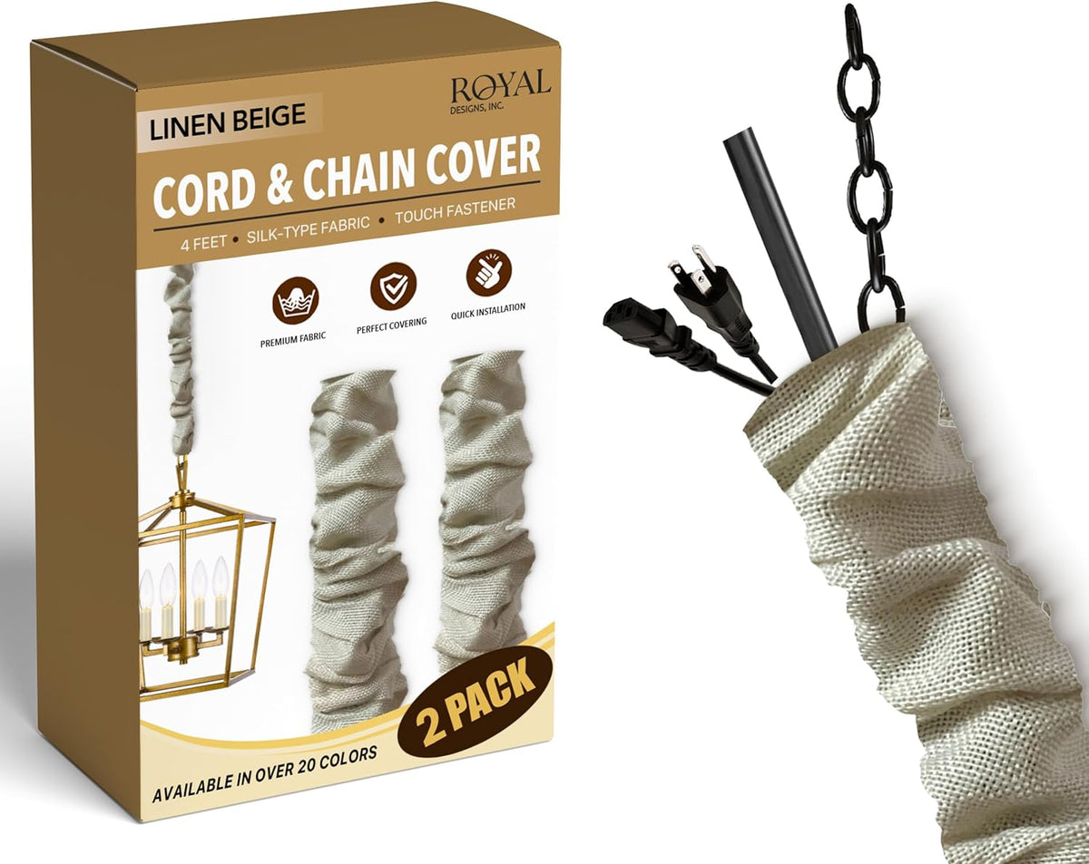 Royal Designs, Inc. Cord & Chain Cover 4 ft Silk Type Fabric, Chandelier Pendant Lighting Chain & Cable Management, Touch Fastener, Linen Beige - 2 Pack