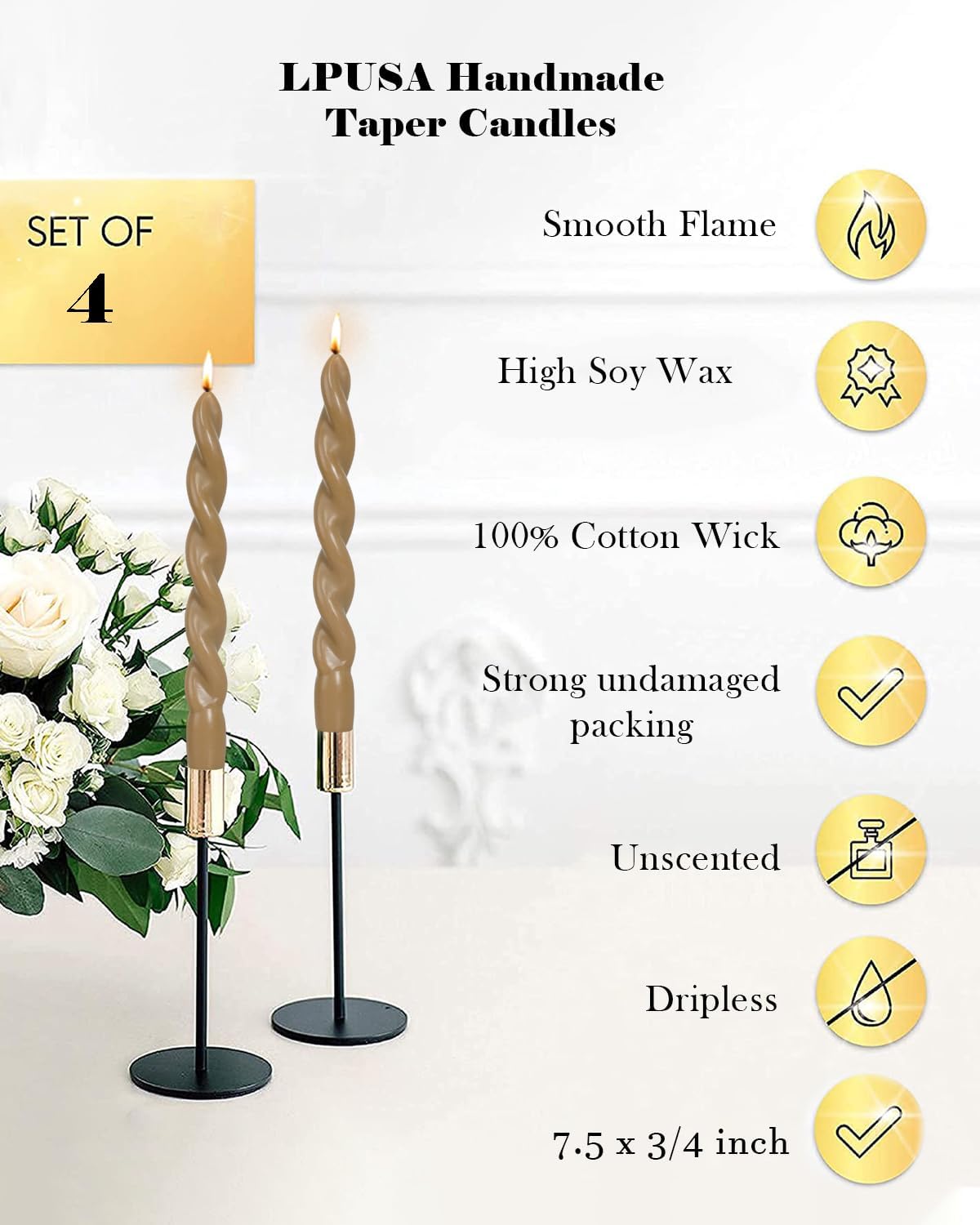 Sahara Beige Twisted Taper Candle Spiral Candlesticks Unscented Smokeless for Fall Decor Holiday Dinner Party Christmas Decorations-7.5inch-4pack