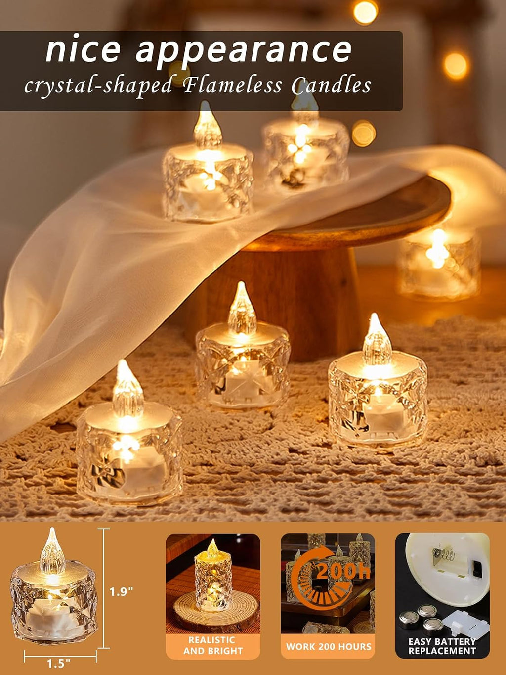 24 Pack Crystal Shaped Flameless Battery Votive Candles