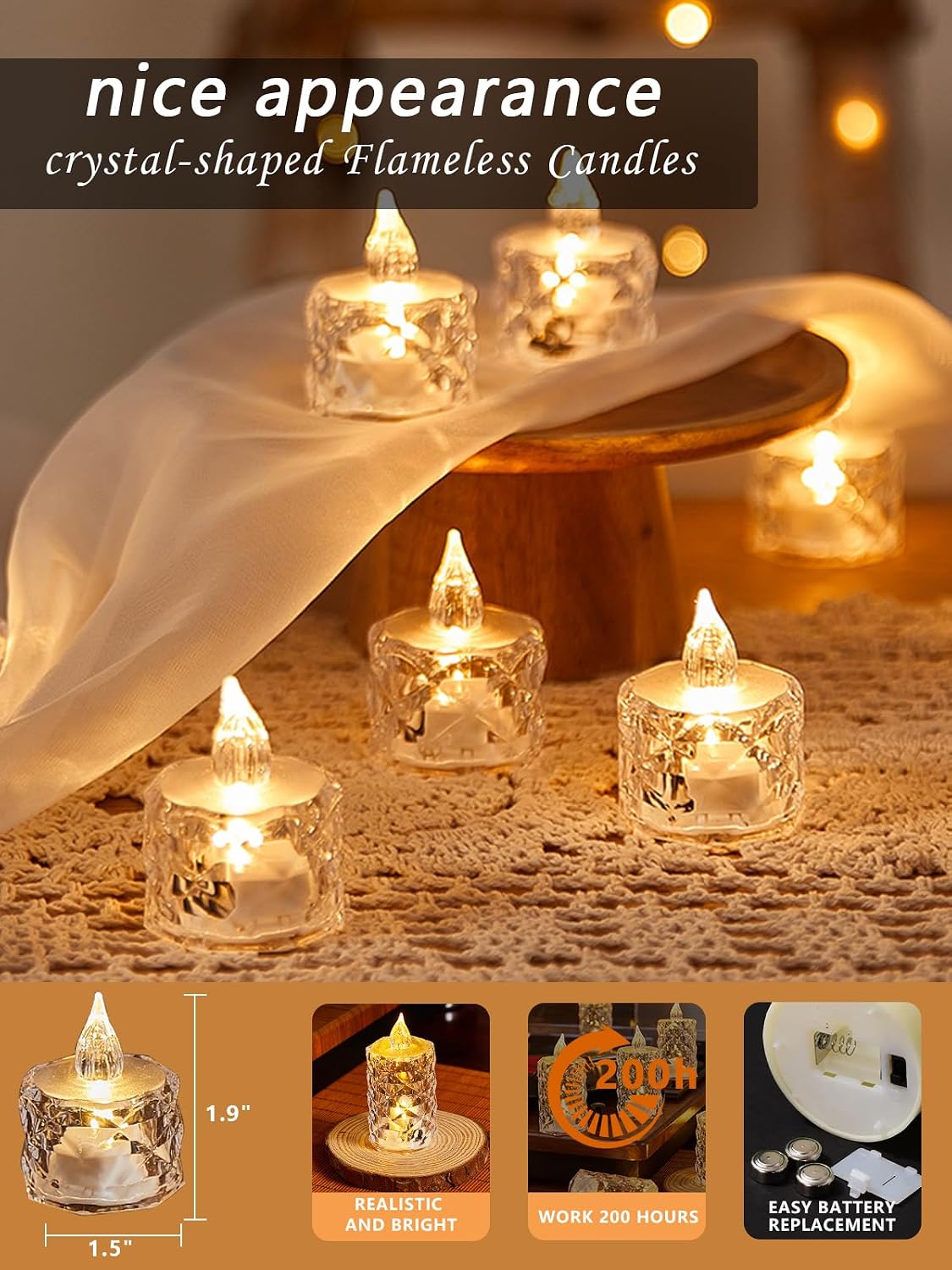 24 Pack Crystal Shaped Flameless Battery Votive Candles