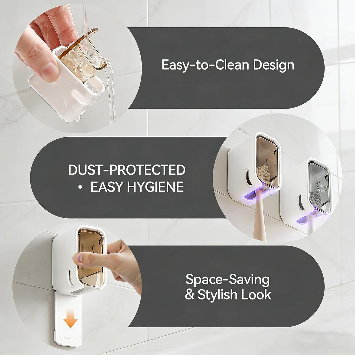 3pc Wall Mount Toothbrush Holder with Lid Self Adhesive No Drill