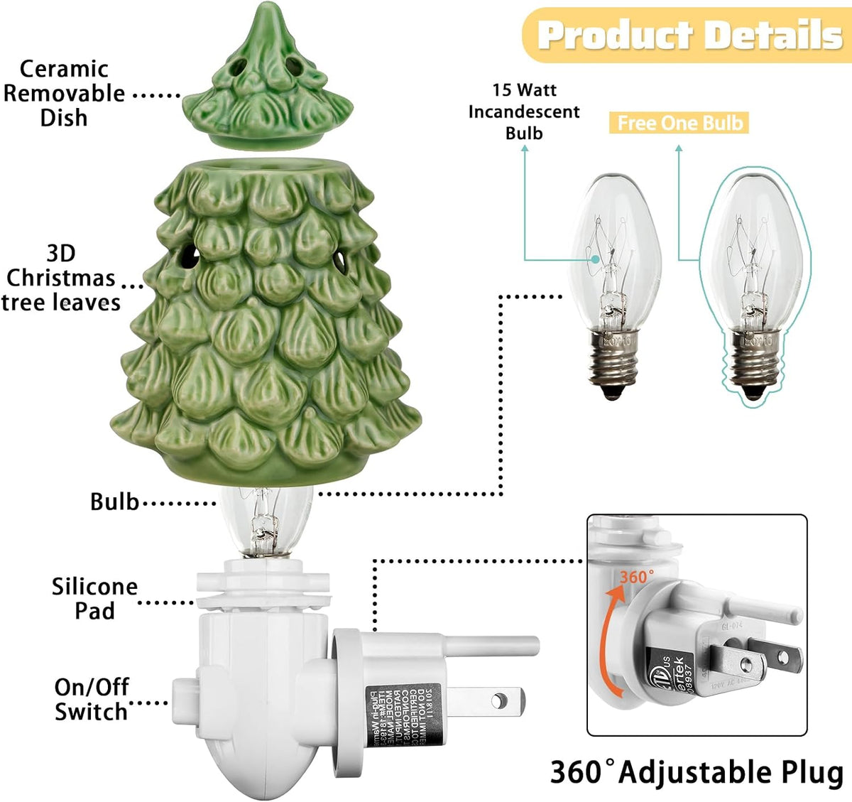 STAR MOON Christmas Wax Melt Warmer, Christmas Tree Plug in Wax Warmer, Scentsy Warmer for Fragrance Oil, Night Light Wax Burner Decoration with Two Bulbs