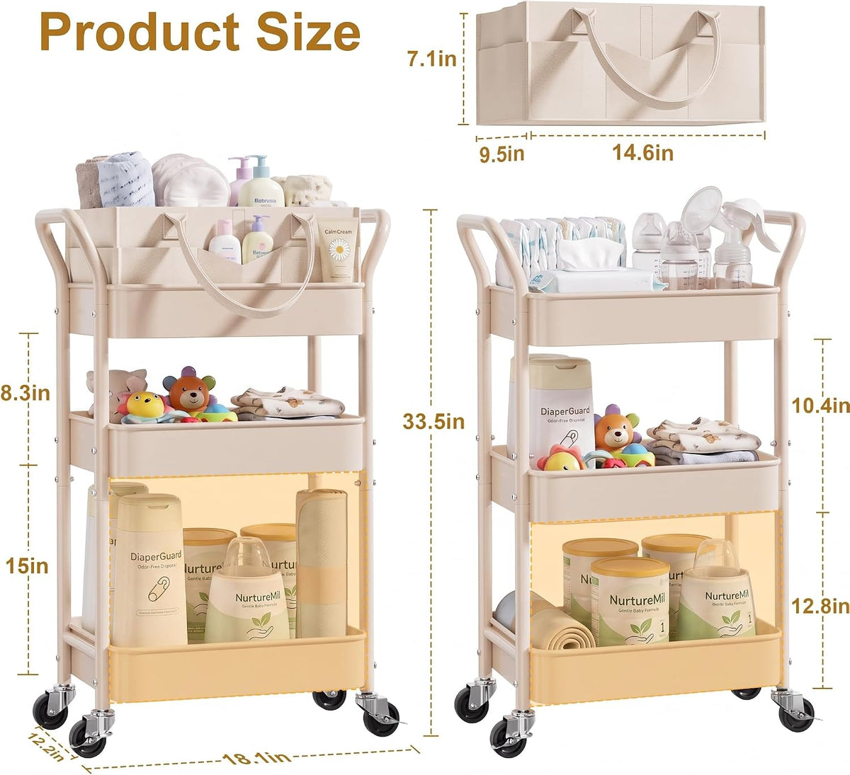 Beige 3 Tier Rolling Diaper Caddy Cart with Wheels and Detachable Dividers