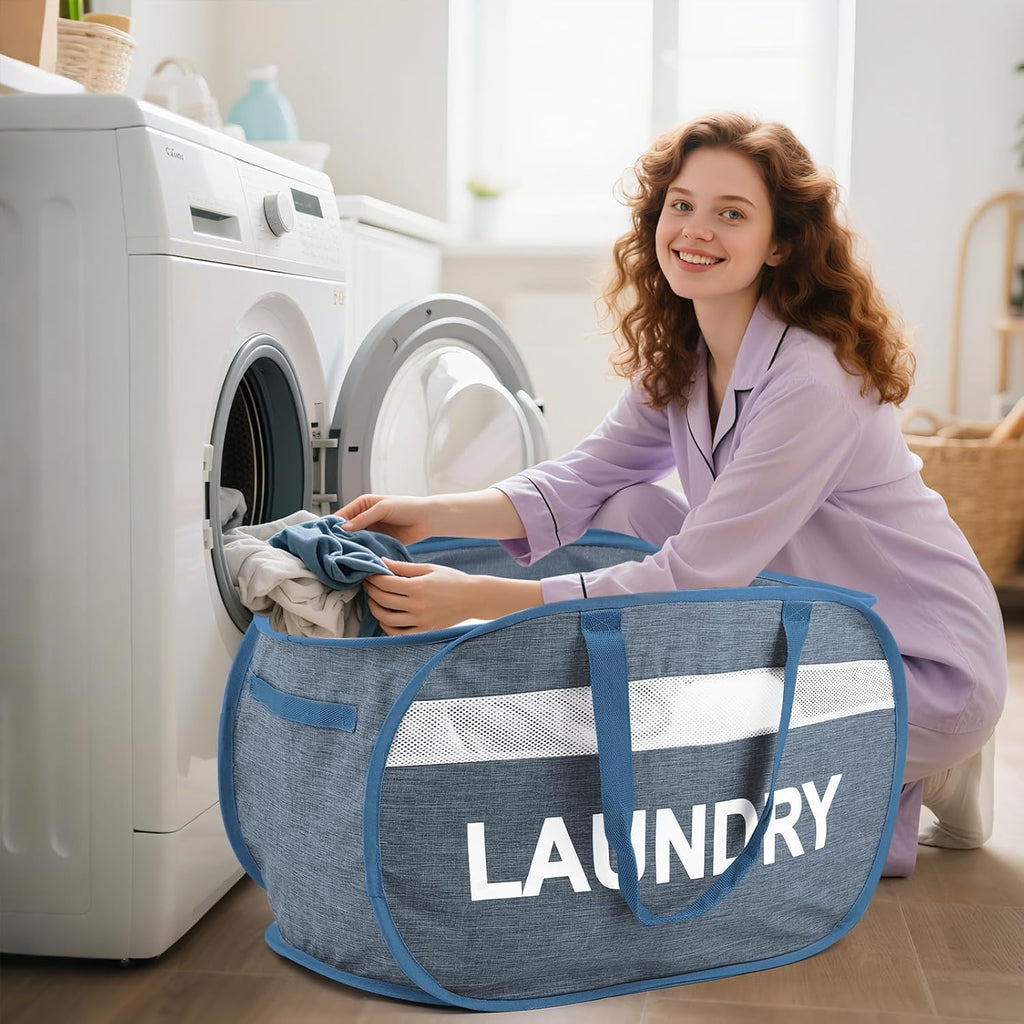 Collapsible Laundry Baskets with Lid, Foldable Clothes Hamper with Reinforced Handles, Sturdy Pop Up Hampers for Laundry, Tear Proof & Easy to Carry Laundry Hamper for Home, Dorm, Travel Blue