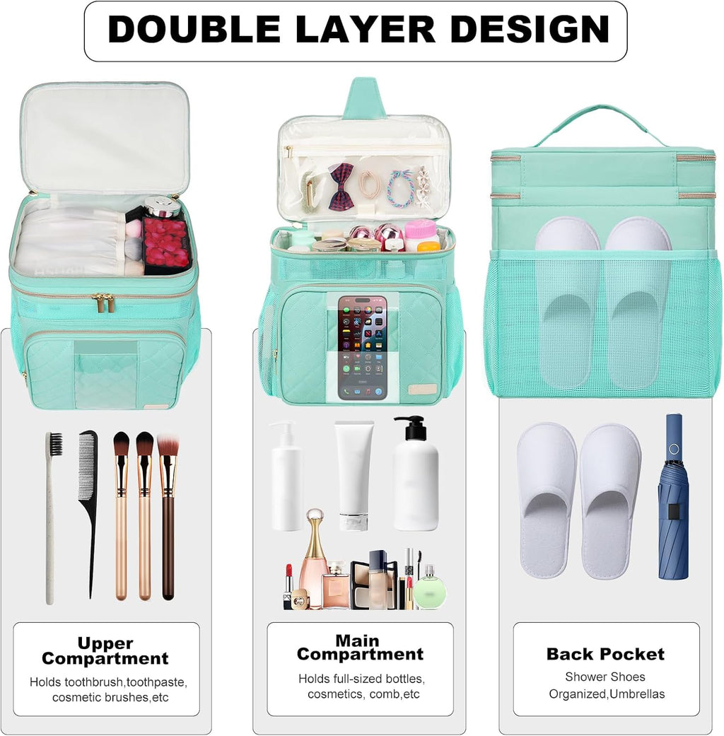 Portable Shower Caddy College Dorm Essentials, Large Toiletry Bag for Women Men, 2 Layers Quickly Dry Mesh Bathroom Tote Bag, Hanging Makeup Organizer Bag for Travel, Gym, Camping (Mint Green)