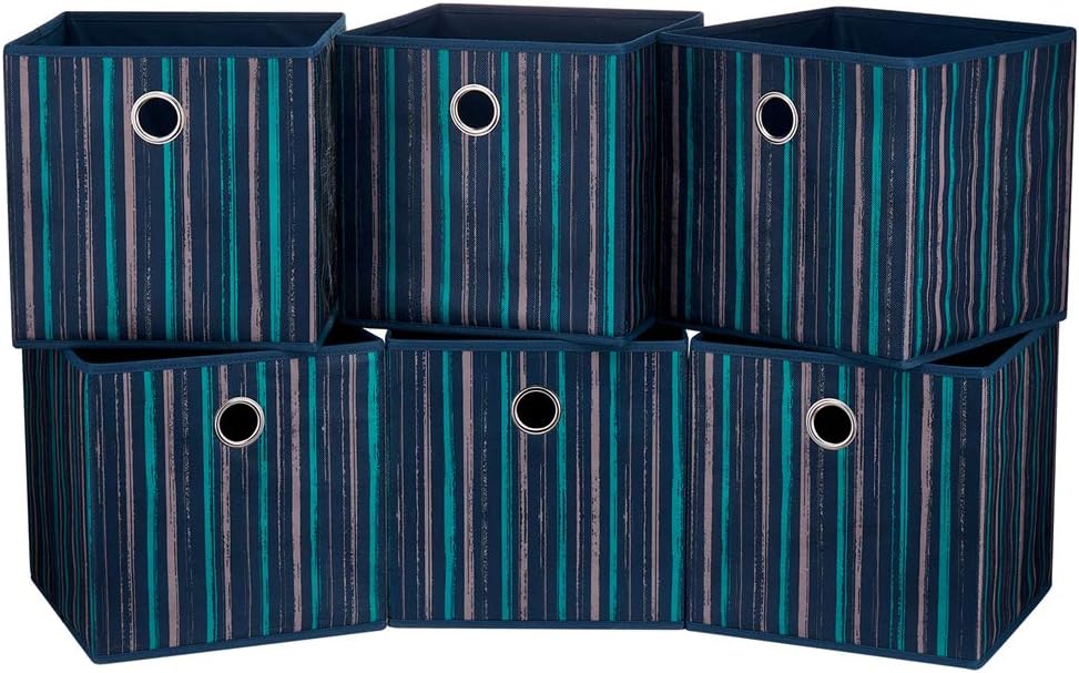 Fabric Storage Cubes Bins Blue Teal Printed Vertical Stripe Cubicle Bins 11x11x11 In Foldable Storage Cube Boxes Storage Baskets Inserts Cube Drawer for Organizers Storage QY-SC17-6