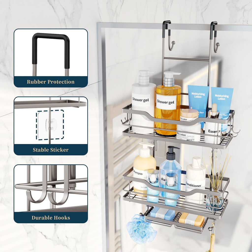 Consumest Over The Door Shower Caddy - 3 Tier Shower Organizer Hanging with Soap Holders, Large Capacity Shower Shelves with 6 Hooks, Bathroom Rack and Storage, Satin Nickel