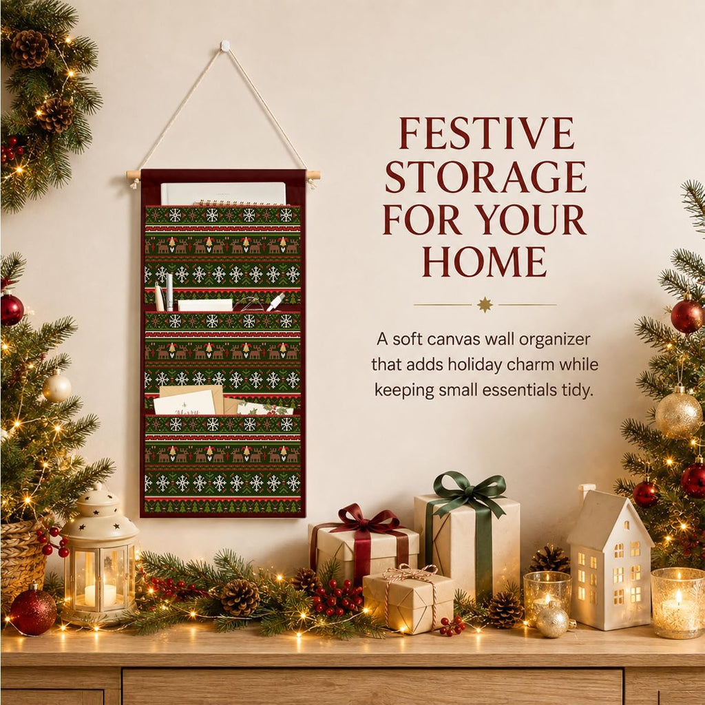 IAXIC Christmas Decor Knitted Reindeer Canvas Wall Art Hanging Organizer