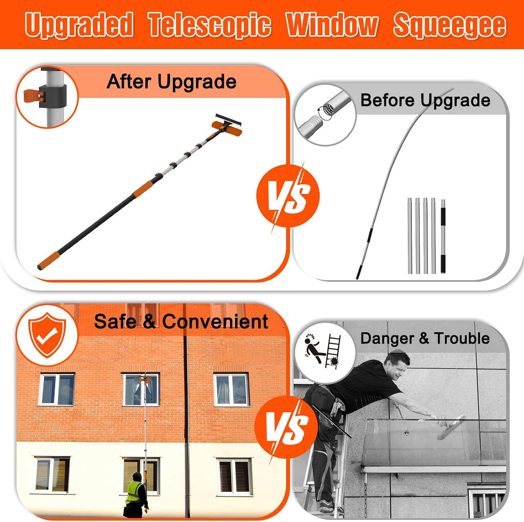 16FT Reach Window Squeegee Kit with Extension Pole, 2-in-1 Professional Washer for High Windows, 3-12FT Adjustable Reach, Rotatable Head for Indoor & Outdoor Use, Streak-Free Cleaning Tool for Home