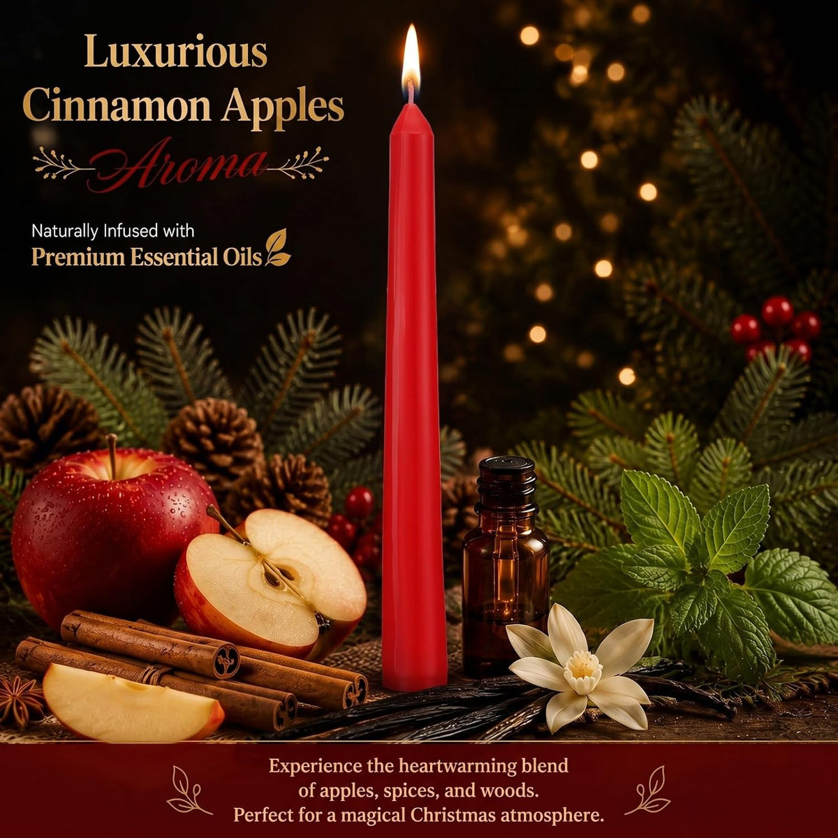 Conelist 4 Pcs 9" Christmas Cinnamon Apple Taper Candles, Dripless Beeswax