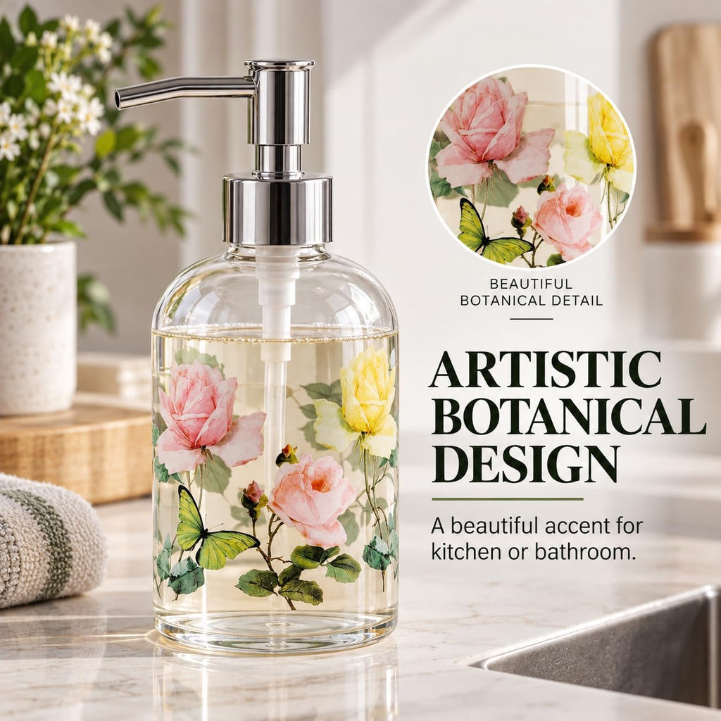 Topadorn 2 Pack 17oz Glass Soap Dispensers, Floral Refillable Pump Bottles