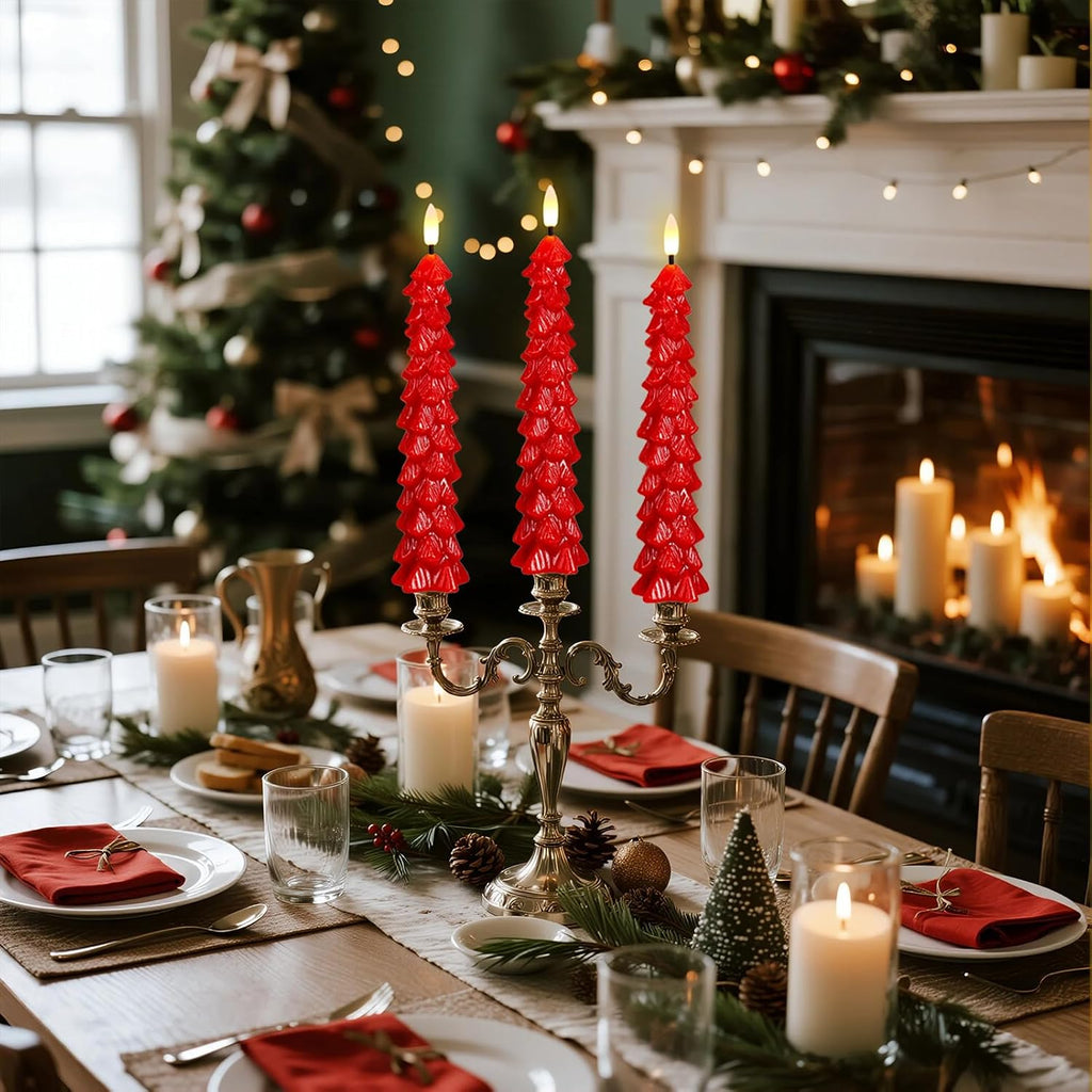 Red Christmas Tree Flameless Taper Candles Battery Operated Remote Timer