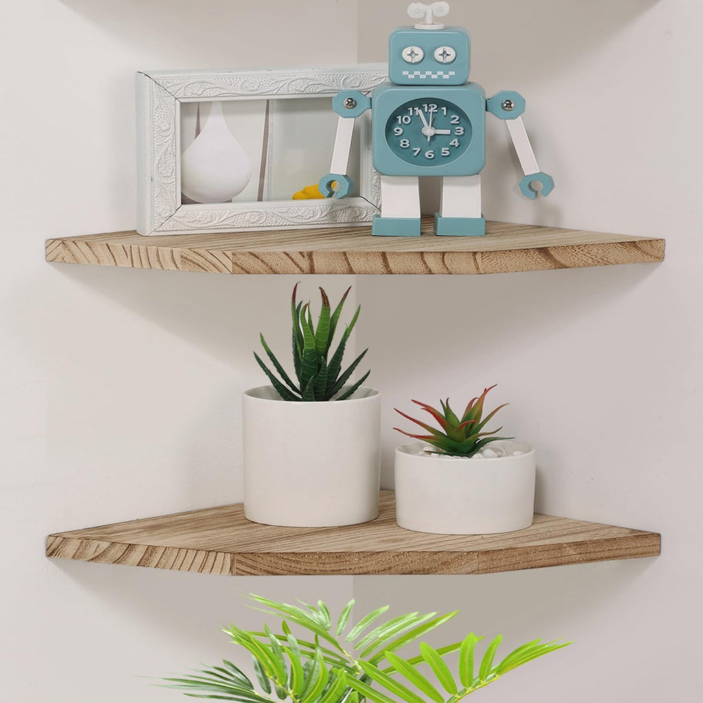 Joiishom Wood Corner Wall Shelves Set of 2, Solid Wood Corner Floating Shelves, Round End Wall Mounted Floating Corner Shelf for Bedroom, Living Room and Kitchen. (Carbonized-12 inch)