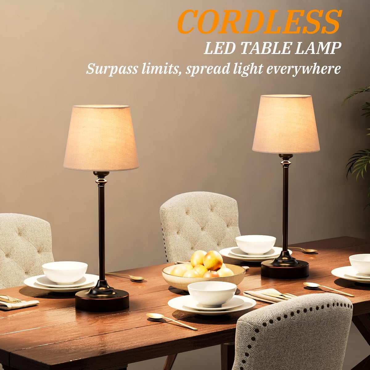 Cordless Table Lamp Rechargeable Bronze - 2 Pack Brass 4000mAH Battery Operated Lamp for Decor, 3000K Stepless Dimming Touch Control Wireless Lamp for Bedroom, Dining Table, Counter, Living Room