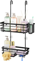 HapiRm Hanging Shower Caddy – For Renters & Small Bathrooms, Fits Shower Curtain Rods, No Drilling, 2 Rustproof 304 Shelves, 4 Hooks, and a Detachable Toothbrush Holder You Can Rinse - Black