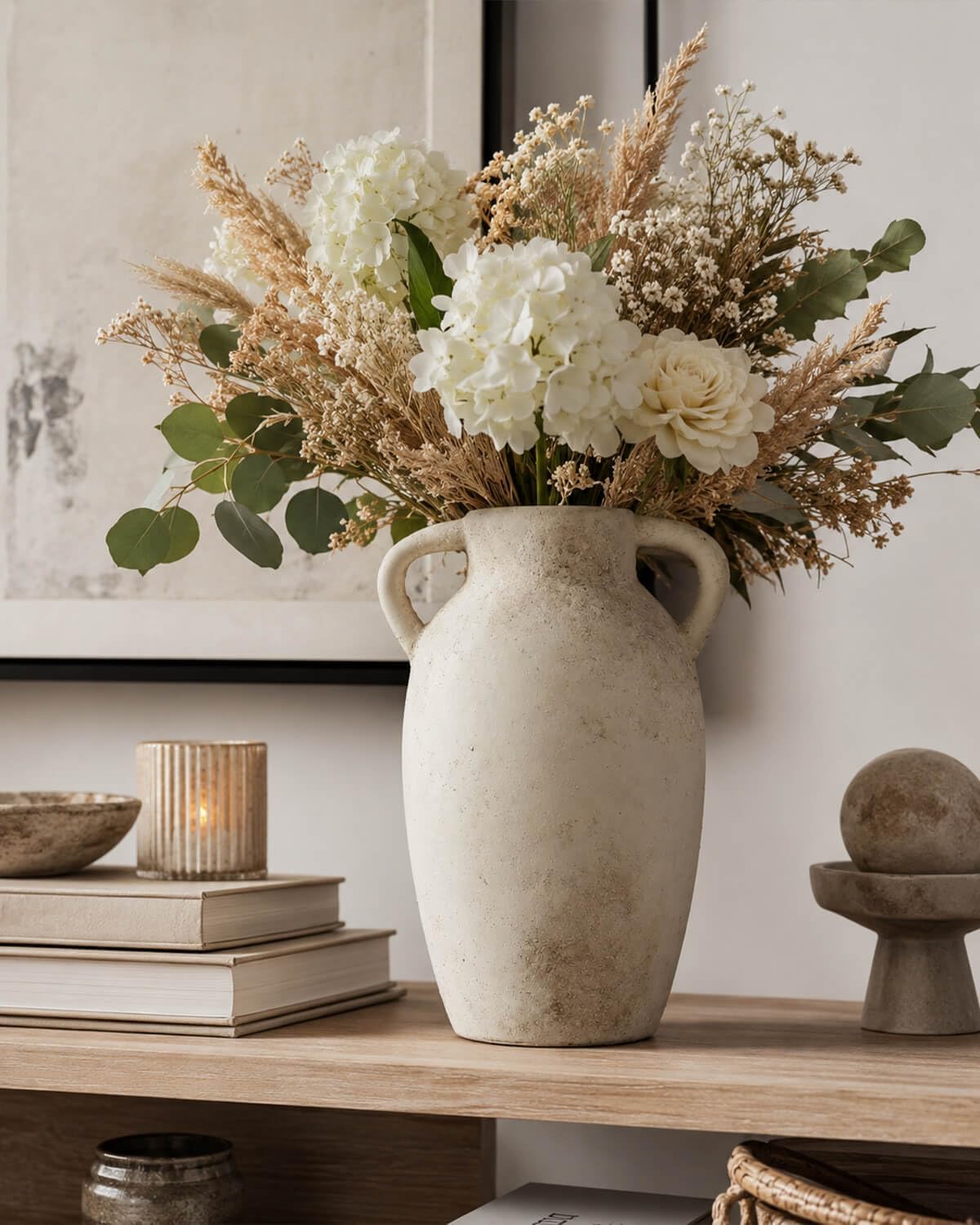 9.8 Inch Beige Ceramic Vase with Handles, Rustic Farmhouse Jug