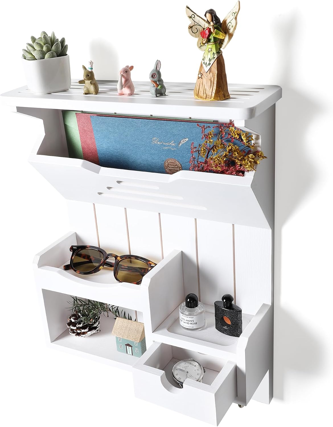 DOPACE Handcrafted Pine Wood Mail Organizer & Key Holder, White