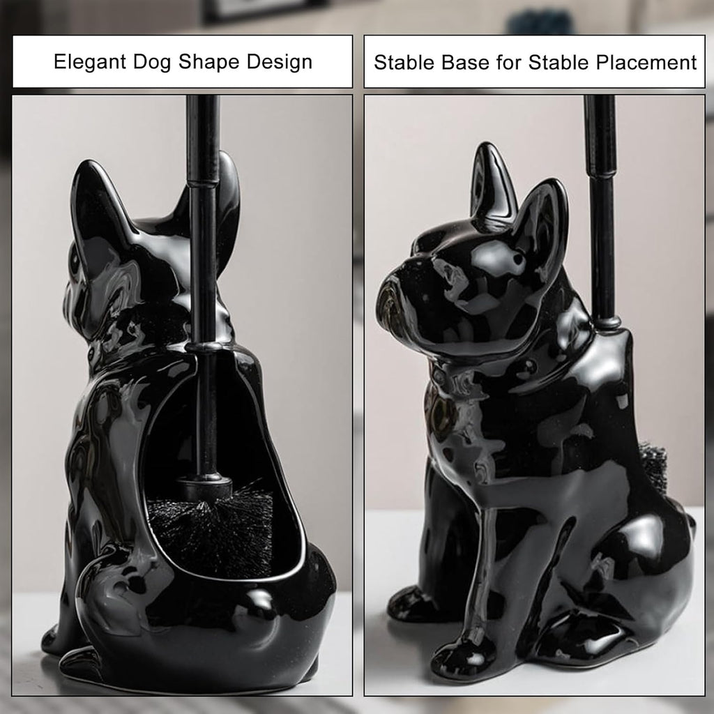 Comeon Ceramic Dog Black Toilet Brush and Holder Set with Plastic Handled