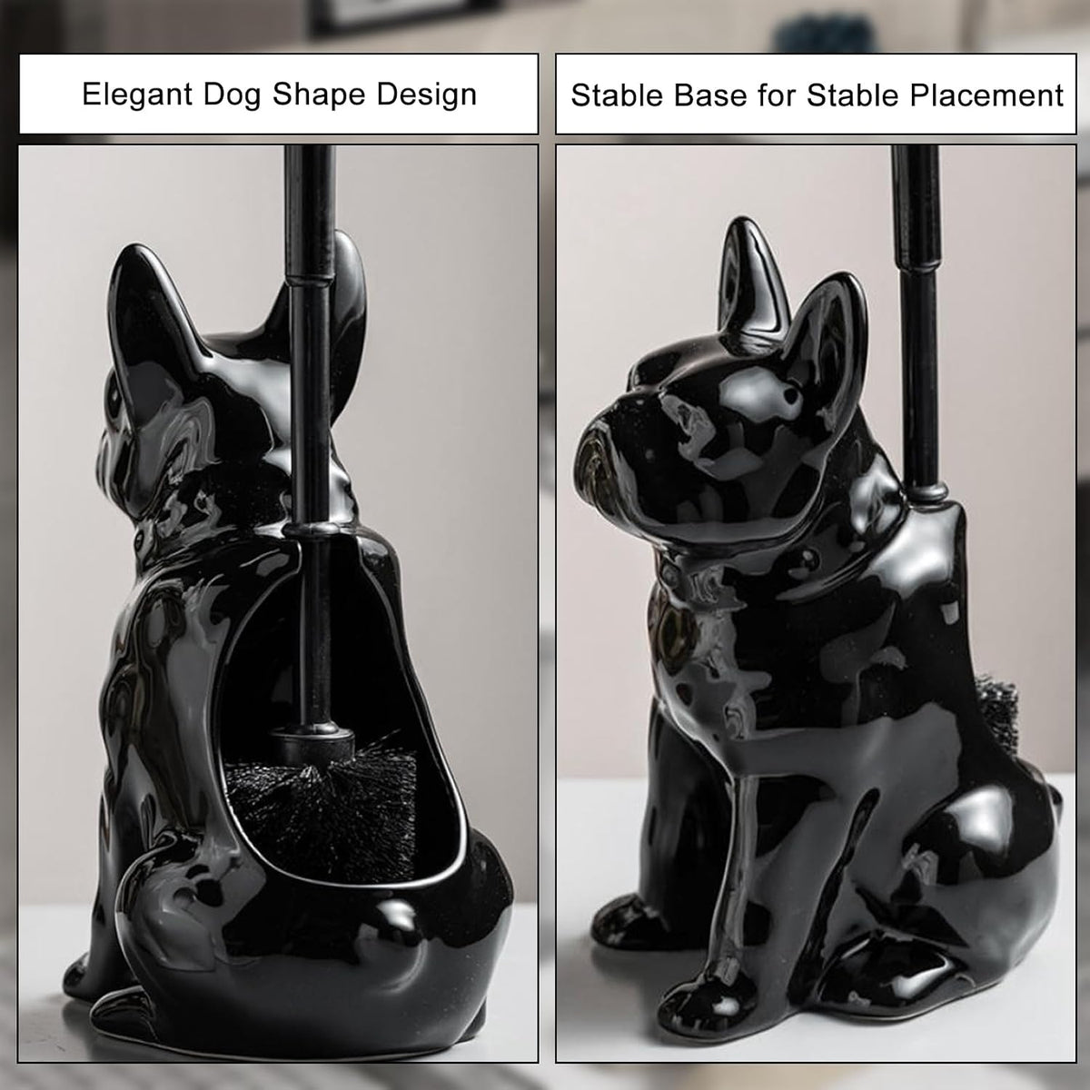 Comeon Ceramic Dog Black Toilet Brush and Holder Set with Plastic Handled