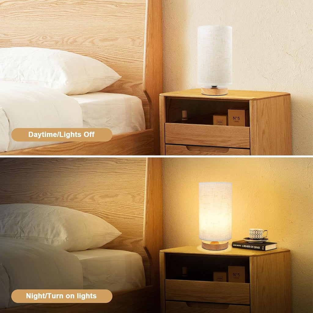3-Color Adjustable Bedside Table Lamp for Bedroom,Wood Base & Fabric Shade
