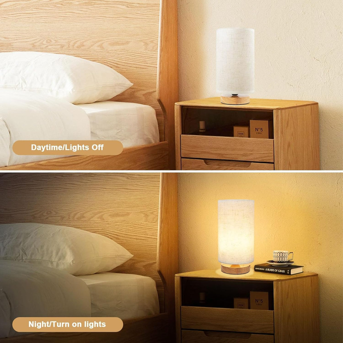 3-Color Adjustable Bedside Table Lamp for Bedroom,Wood Base & Fabric Shade