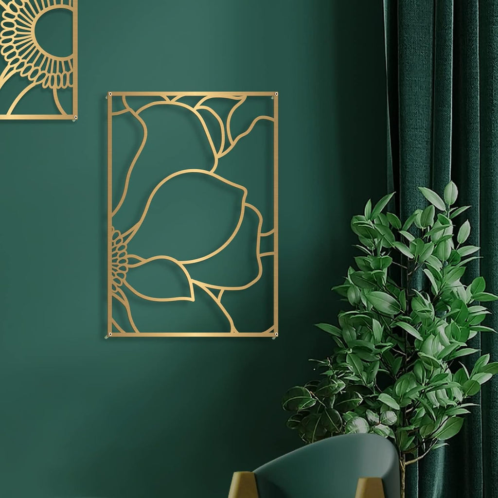 Glamativity Large 4 Pack Gold Wall Art, Minimalist Decor, Real Metal, Nature Floral Abstract, for Bedroom, Living Room, Bathroom (Gold Blossom Style, L Size 22.5 x 15.7'')