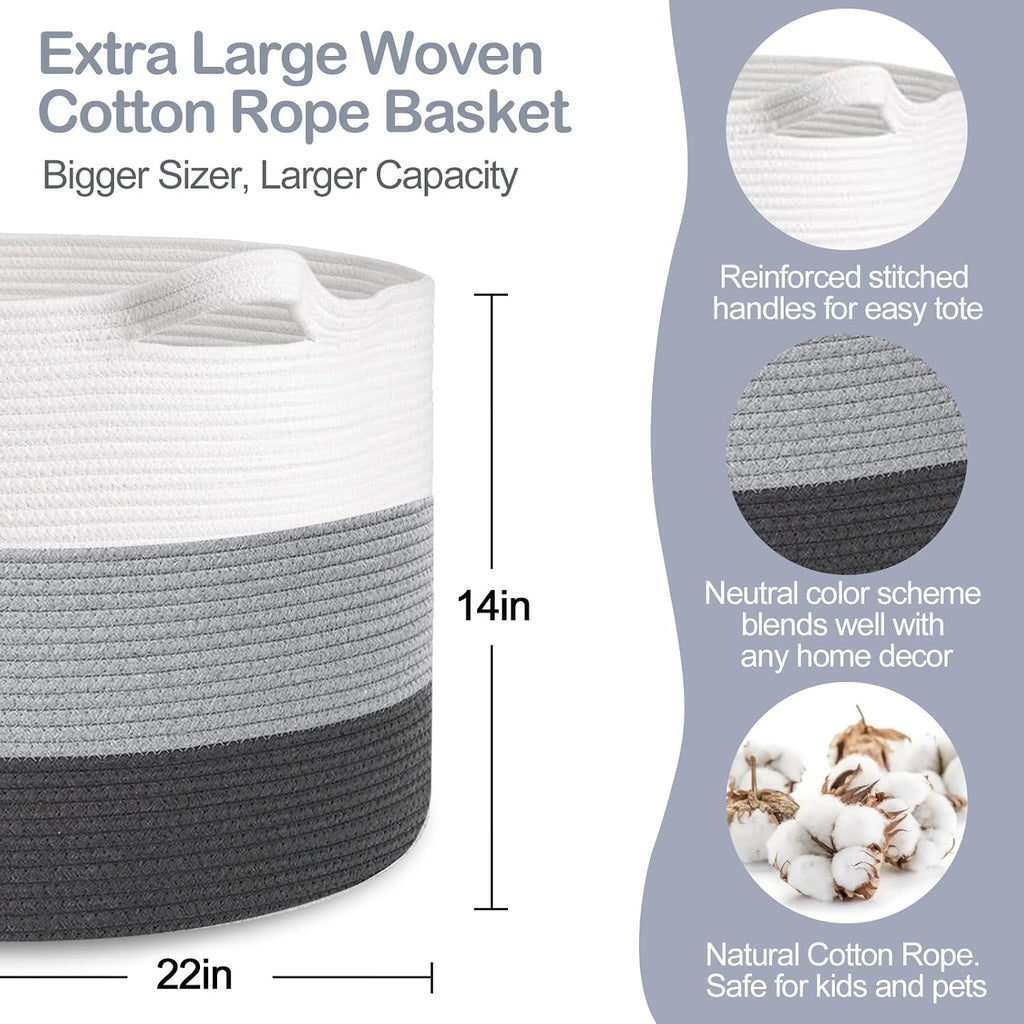 MEGASKET Extra Large Cotton Rope Basket, 22” X 22” X 14” Blanket Storage for Living Room, Soft Kids Dog Toy Bin Box, Woven Round Baskets for Organizing, Big XXL Blanket Pillow Holder Organizer