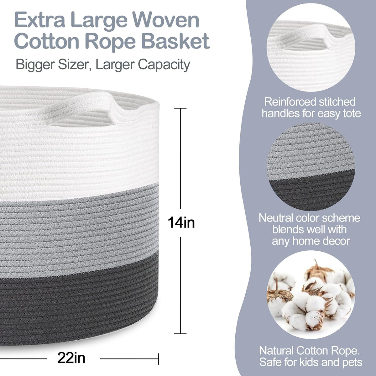 MEGASKET Extra Large Cotton Rope Basket, 22” X 22” X 14” Blanket Storage for Living Room, Soft Kids Dog Toy Bin Box, Woven Round Baskets for Organizing, Big XXL Blanket Pillow Holder Organizer