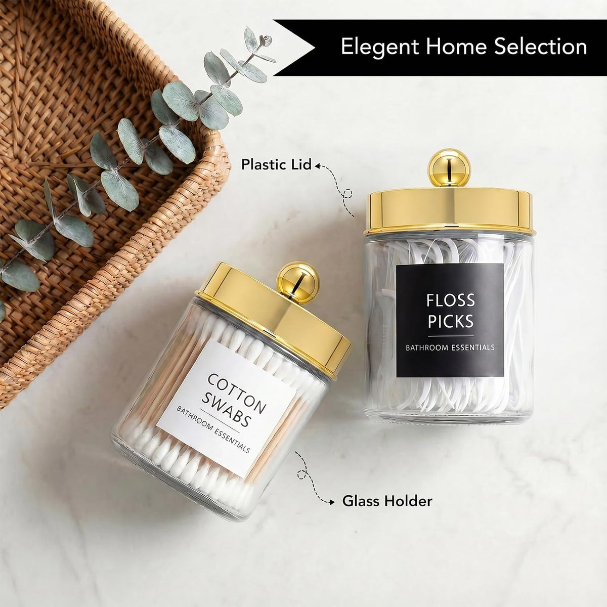 Amolliar Glass Apothecary Jars Qtip Holder w/Plastic Lids, Gold 4pc