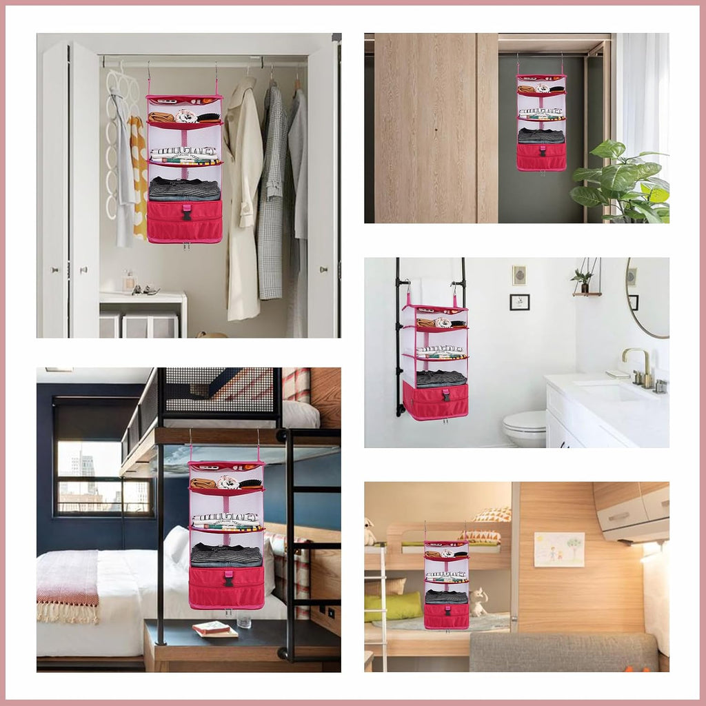Surblue Hanging 3-Shelf Closet Organizer Pocket Collapsible Washable Oxford Fabric with 2 Hooks (L 11.41 * 11.41 * 19.68in, Rose)