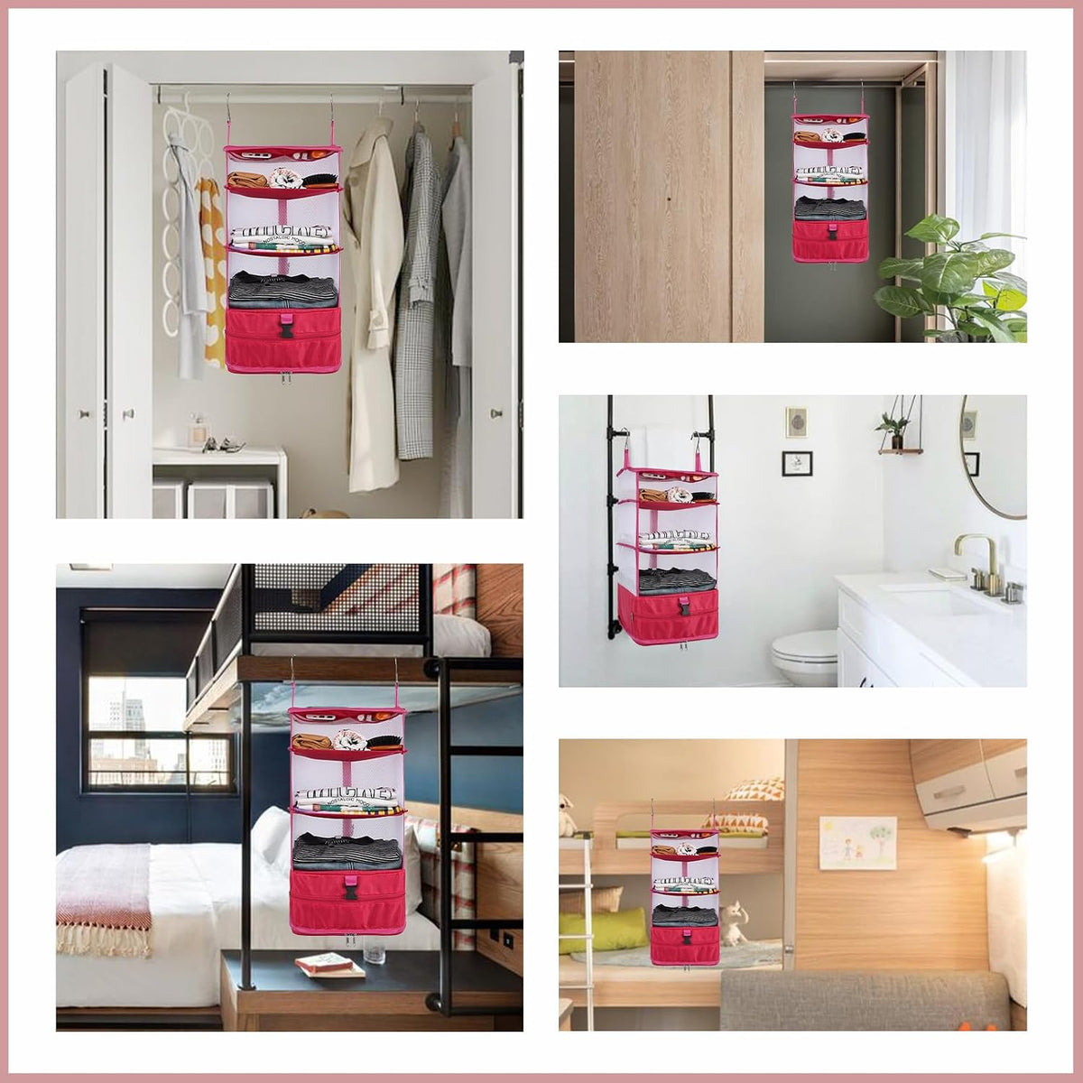 Surblue Hanging 3-Shelf Closet Organizer Pocket Collapsible Washable Oxford Fabric with 2 Hooks (L 11.41 * 11.41 * 19.68in, Rose)