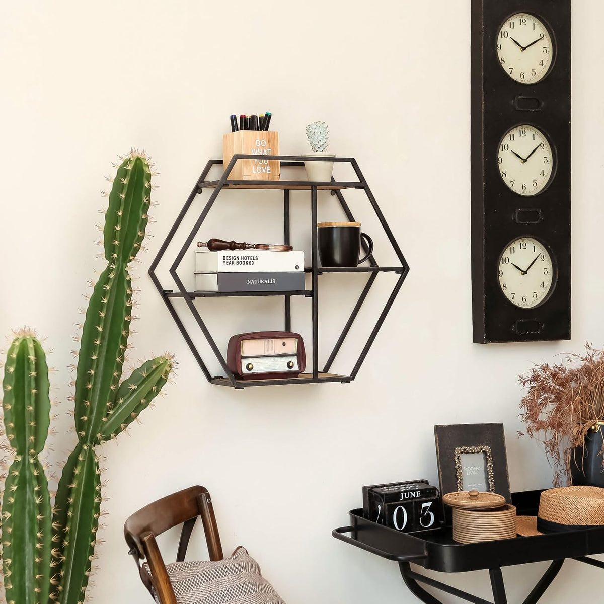 4 Tier Industrial Style Foldable Hexagon-Shaped Wall Shelves