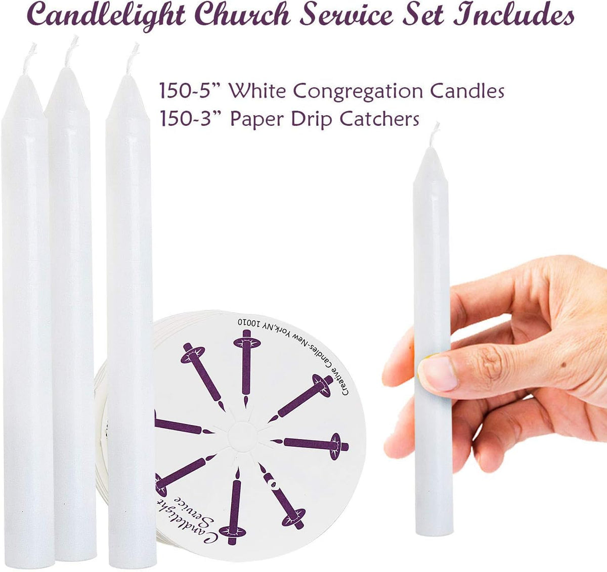 Howemon 150 Church Candles with Drip Protectors for Devotional Candlelight Vigil Service, Box of 150 Candles, Unscented White 5" H X 1/2" D, No Smoke