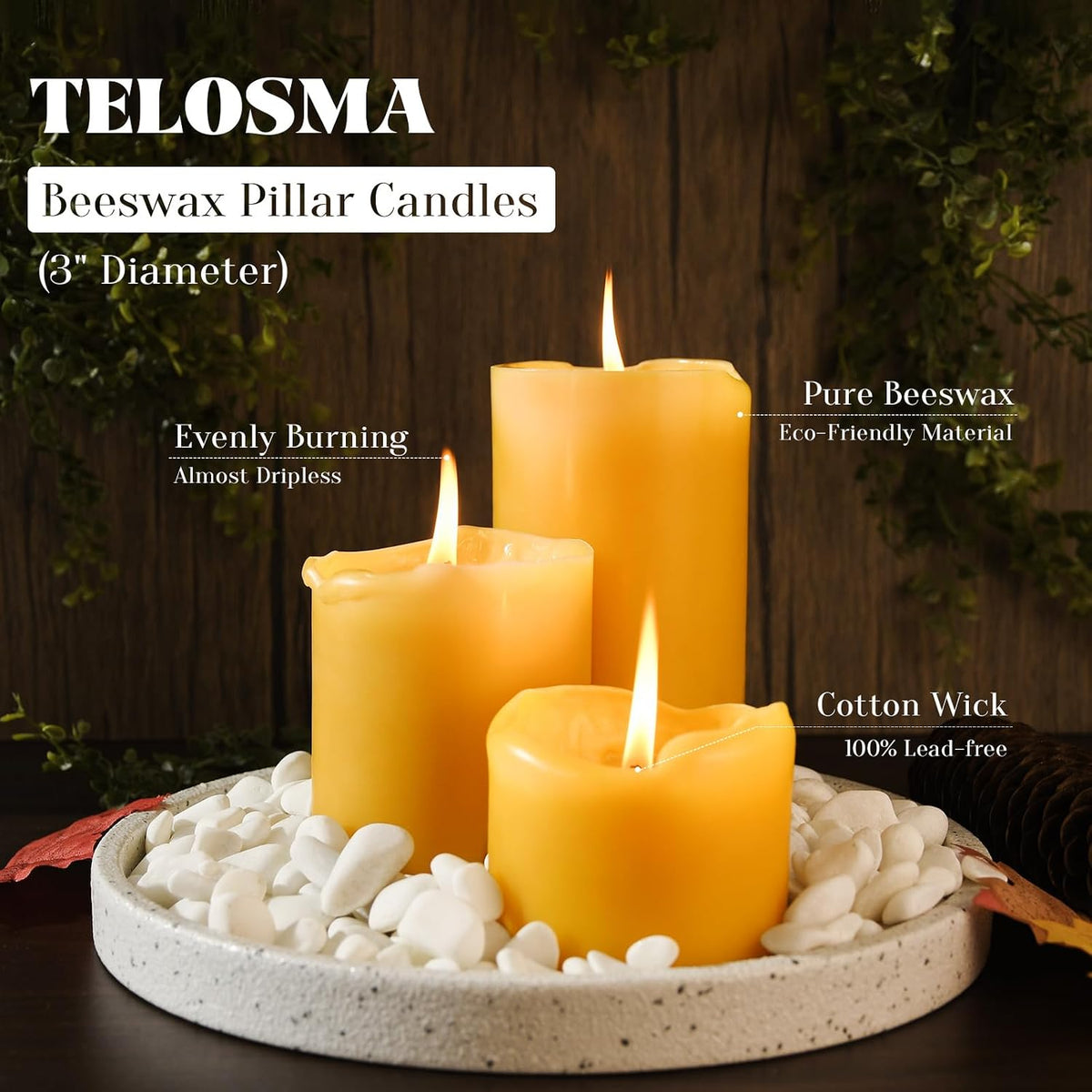 Set of 3 Natural Beeswax Pillar Candles - 3 inch Wide, Yellow, Unscented