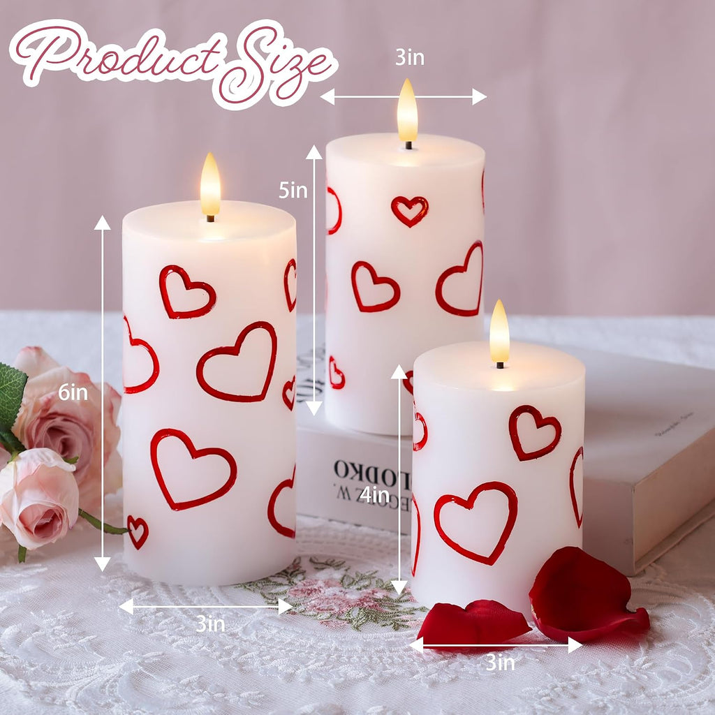 Valentines Day Heart Candles, Flameless Pillar Candles with Remote