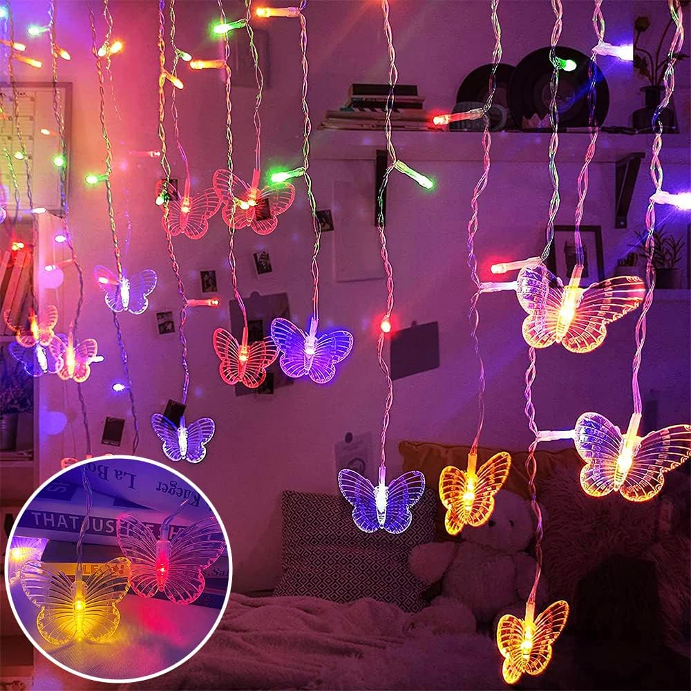 Lainin 13FT 96 LED USB Powered Curtain Lights 18 Butterflies Twinkle Lights 8 Modes Fairy String Lights for Party Indoor Outdoor Room Garden Wall Wedding Christmas Xmas Decorations (Multi Color)