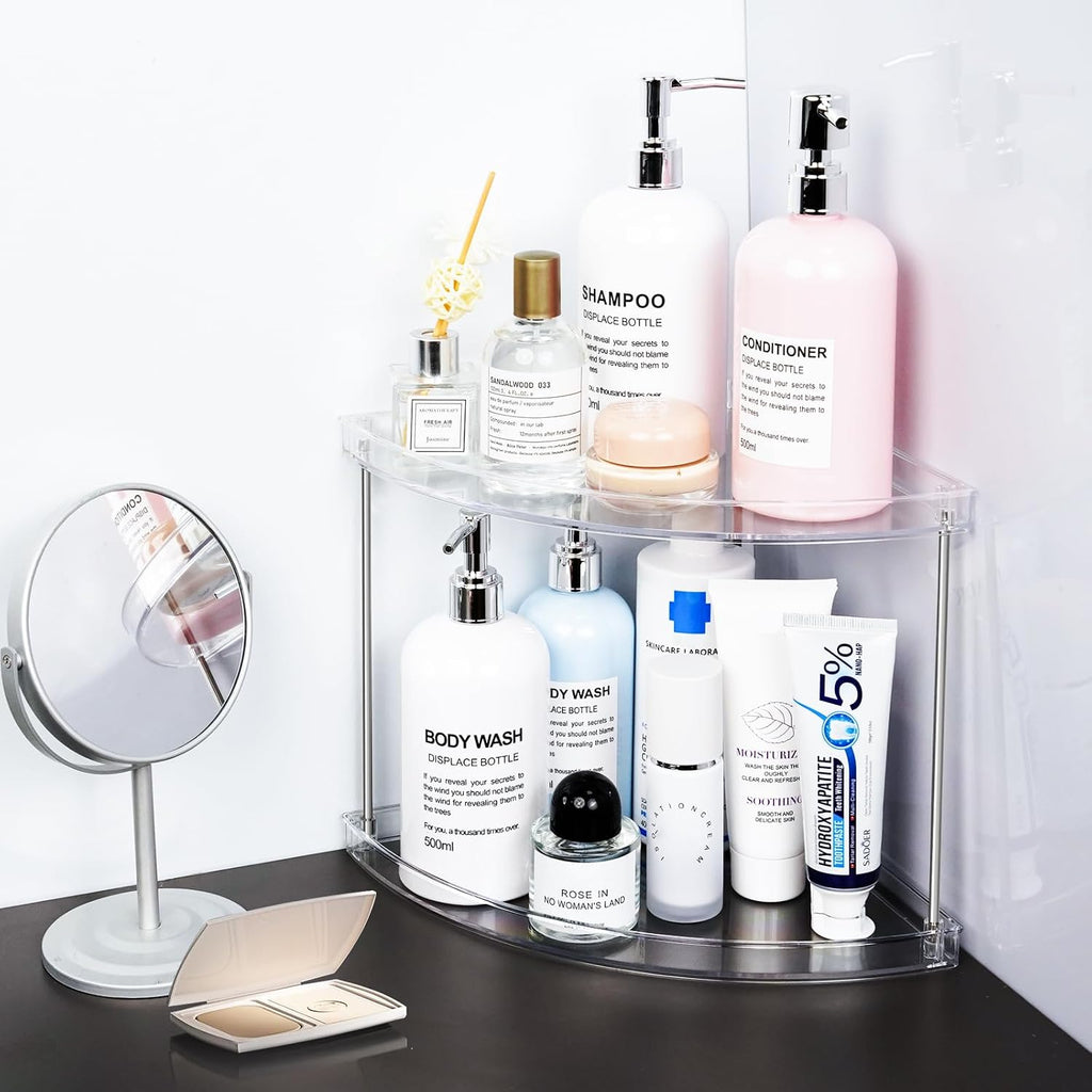 2 Tier Corner Bathroom Counter Organizer, Clear, Triangular