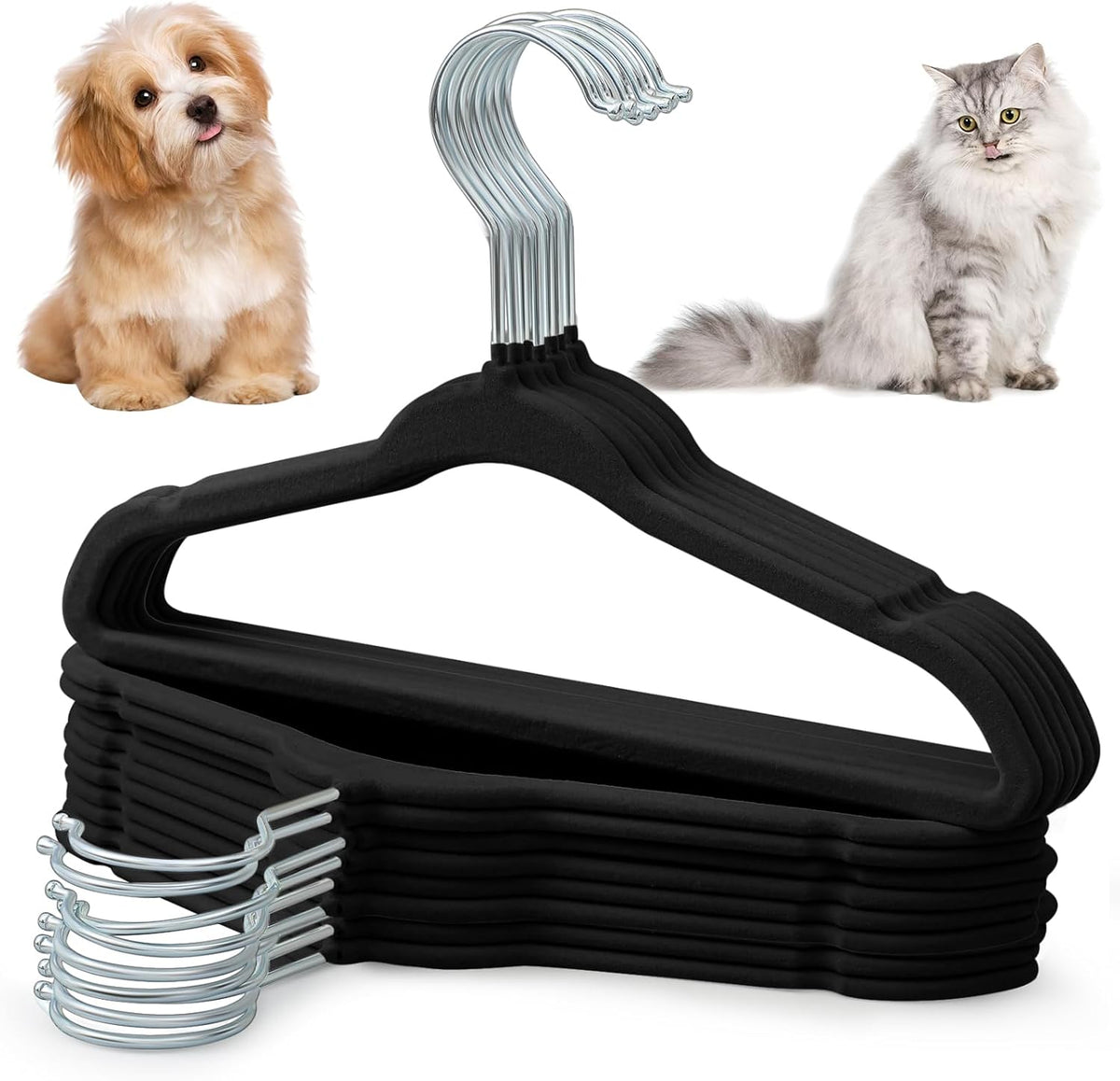 Weysat 24 Pcs Black Pet Hangers 11" Non-Slip Velvet 360° Swivel Hook