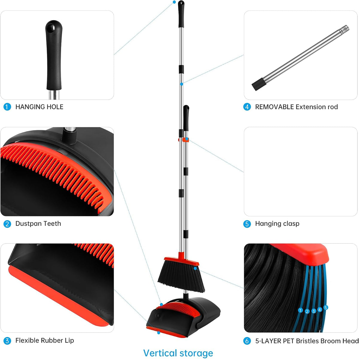 BSKLIN Broom and Dustpan Set for Home, 52" Long Handle Standing Broom Set with Dustpan Self-Cleaning Teeth for Hair Removal Heavy Duty Indoor Outdoor Sweeping Kit for Kitchen Garage (Black)
