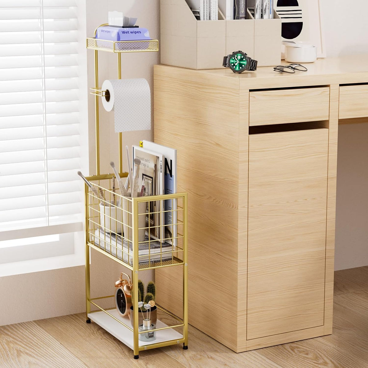 SWTYMIKI Freestanding Toilet Paper Holder - 4-Tier Free Standing Toilet Paper Holder Stand with Large Basket, Stand Mega Roll Storage Rack for Extra Rolls, Magazines, Wet Wipes, Gold
